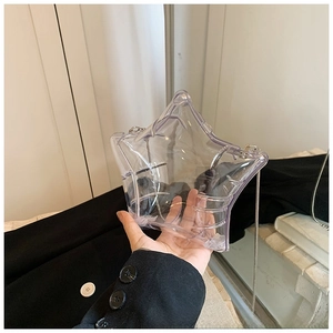 Detailed view of star-shaped transparent acrylic handbag with silver chain strap