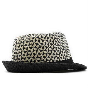 Macro detail of breathable straw weave and houndstooth pattern on the jazz fedora hat