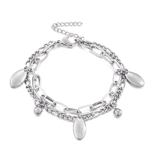 Double-layer silver stainless steel chain bracelet with oval and ball pendants