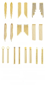 Size guide for gold tassel earrings showing detailed dimensions and weights for 10 styles