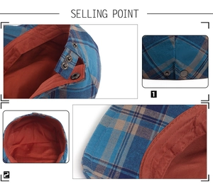 Detail of adjustable side buckle and blue orange plaid pattern on a beret hat