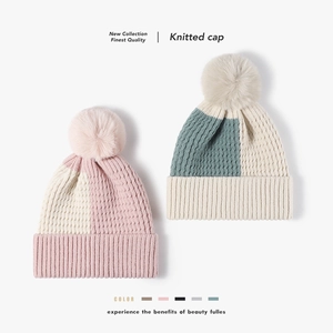 Bonnet Beanie Femme Hiver Chaud Doublé Polaire Tricot Poil De Lapin Synthétique Couleur Contrastée Pompon Extérieur