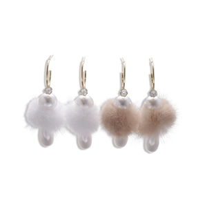 Elegant gold drop earrings with fluffy pom-poms, rhinestones, and imitation pearls