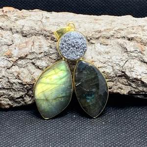 Gold plated pendant with druzy stone and marquise labradorite on rustic wood