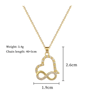 Detailed view of infinity heart gold pendant with size specs and weight of 3.4g