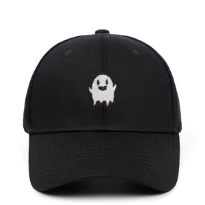 Black cotton baseball cap with white ghost embroidery and curved brim in front view