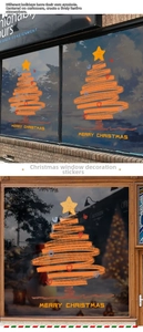 Detail of Christmas tree window decal with star and Merry Christmas text on glass