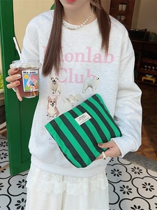 Striped canvas cosmetic bag with zipper and handle for travel organization