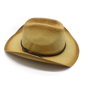 Classic woven straw western cowboy hat with black adjustable chin strap and flat brim