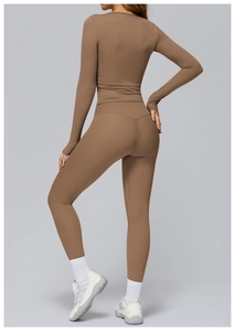 Mocha brown seamless brushed long sleeve yoga top and high waist leggings set rear view