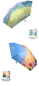 Macro detail of compact mini capsule umbrellas with Van Gogh oil painting floral prints