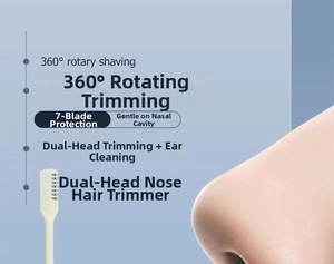 Dual-head manual nose hair trimmer showing 360-degree rotating blades and safety guard