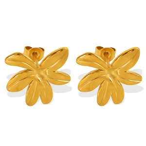 Elegant 18K gold-plated floral leaf stud earrings with matte and polished metallic finish