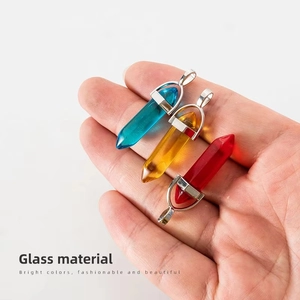 Polished hexagonal glass pendant necklaces in blue, yellow and red with silver metal bail