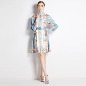 Blue and beige printed long sleeve A-line dress with mandarin collar and matching belt