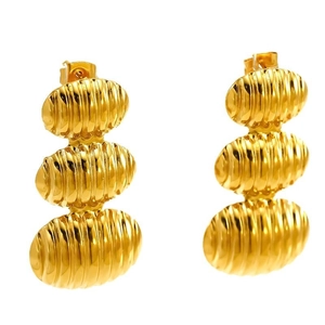 Elegant gold oval triple-link stainless steel earrings with vertical stripe texture