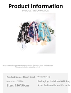 Detail view of floral chiffon scarf showing size 150x50cm and lightweight fabric texture