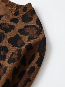 Close-up of leopard print knit sweater showing ribbed crew neck and fine fabric texture