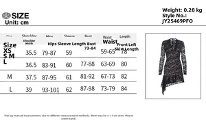 Detailed size chart for lace long sleeve deep V dress with measurements in centimeters