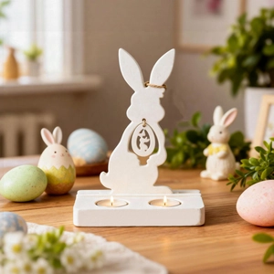 Easter bunny candle holder with dual tealight slots and hollow egg pendant decor