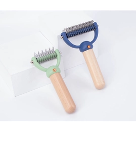 Blue and green pet dematting combs with wooden handles on white geometric props