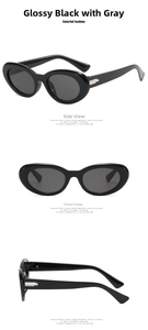 Multiple views of vintage oval sunglasses in glossy black frame and solid grey lenses