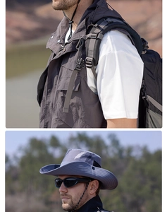 Close-up of blue camo wide brim sun hat with adjustable drawstring for outdoor fishing