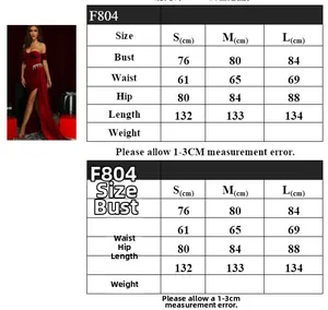 Size chart table for elegant red velvet off-shoulder evening dress with slit details