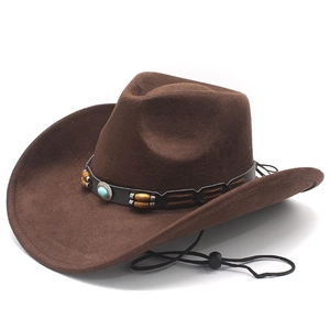 Classic dark brown suede western cowboy hat with turquoise band and windproof rope