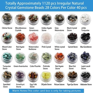 Macro view of 28-compartment box with various natural gemstone chips for DIY jewelry