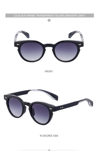 Detailed front and 45-degree views of oval sunglasses with black frames and gradient lenses