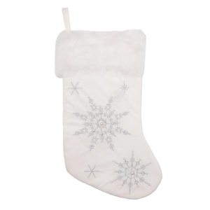 White Christmas stocking with silver snowflake embroidery and plush faux pearl details