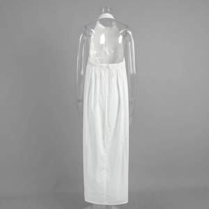 Detailed back view of white halter neck maxi dress showing open back and elastic waist