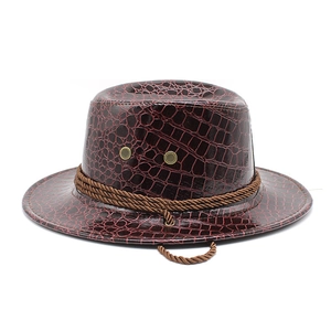 Unisex burgundy faux crocodile leather western cowboy hat with brown braided rope decoration