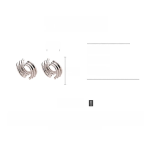 Detail view of silver geometric layered C-shape stud earrings with size and weight specs