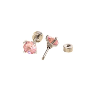 Pair of pink 5mm zircon screw-back stud earrings in polished stainless steel for women