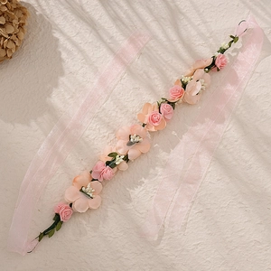 Pink and peach handmade faux rose floral headband with ribbons for bridal wedding hair