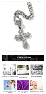 Detail view of silver cross necklace with maintenance instructions for jewelry care