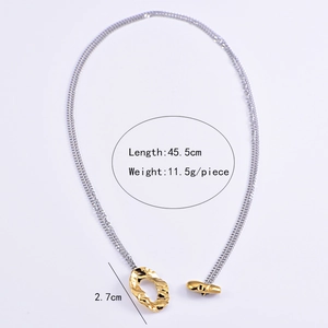 Detailed view of bicolor stainless steel chain necklace with toggle clasp and dimensions