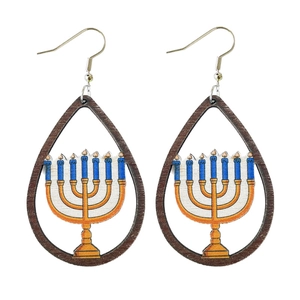 Hanukkah wooden teardrop earrings with golden menorah and blue candles design