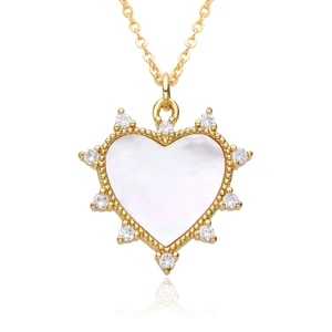 Elegant gold heart pendant necklace with white mother of pearl and zircon stones