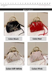 Detail view of bird and bamboo embroidery on traditional Chinese style handbags in four colors