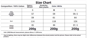 Detailed size guide table for women's V-neck white embroidered long sleeve cotton blouse