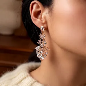 Elegant champagne crystal feather tassel earrings with French vintage chandelier design