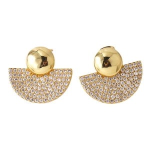 Gold plated fan-shaped earrings for women with shimmering white cubic zirconia stones
