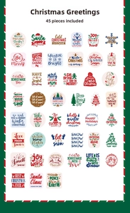 Detailed sheet of 45 festive Christmas stickers featuring Santa and snowflake designs