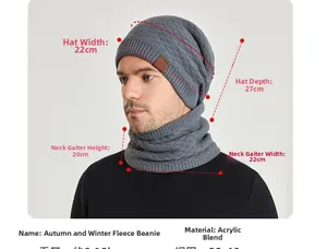 Detail view of winter knitted beanie and neck warmer with thick fleece lining texture