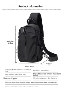 Detail view of durable black crossbody chest bag with multi-pocket design and dimensions
