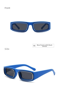 Detail view of small blue rectangular sunglasses with silver metal lens inlay and grey lenses