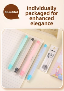 Detail view of four macaron-colored retractable pen erasers and refills on a notebook